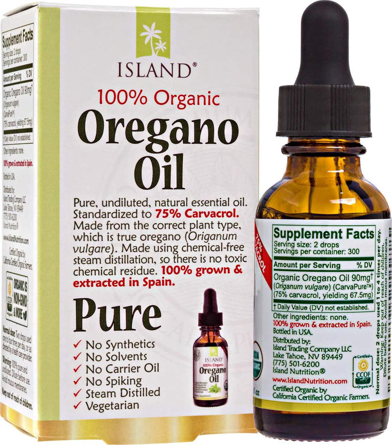 Organic Oregano Oil, 75% Carvacrol, undiluted, Grown in Spain by Island Nutrition