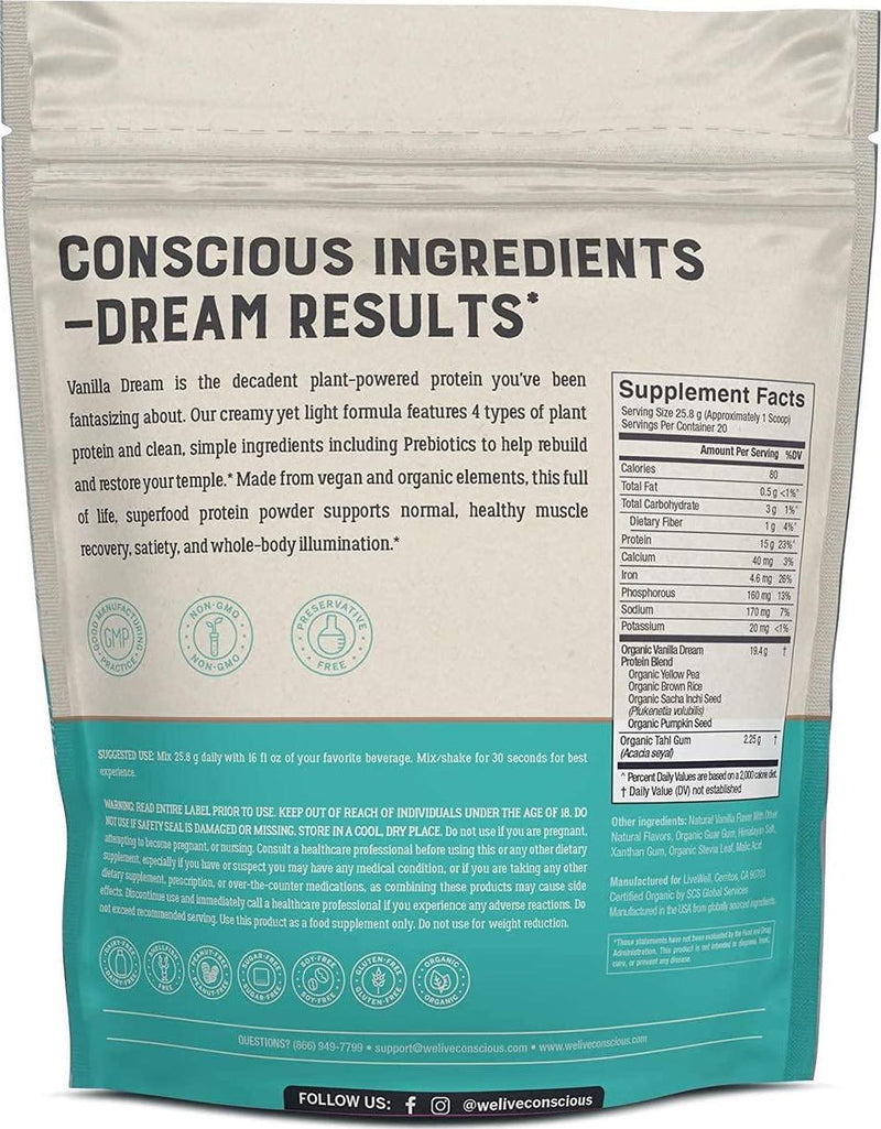Organic Pea Protein Powder - Vanilla Dream Flavor | Low-carb Plant-Based Vegan Protein Blend - Pea, Brown Rice, Pumpkin, Sacha Inchi | 20 Servings 18.2 oz - by Live Conscious