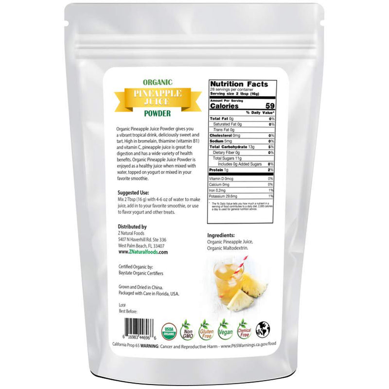Organic Pineapple Juice Powder - Tropical Fruit Superfood Drink Mix Supplement - Mix in Smoothies, Shakes, Tea, Cooking Baking Recipes - Non GMO, Gluten Free, Vegan, Kosher - 1 lb