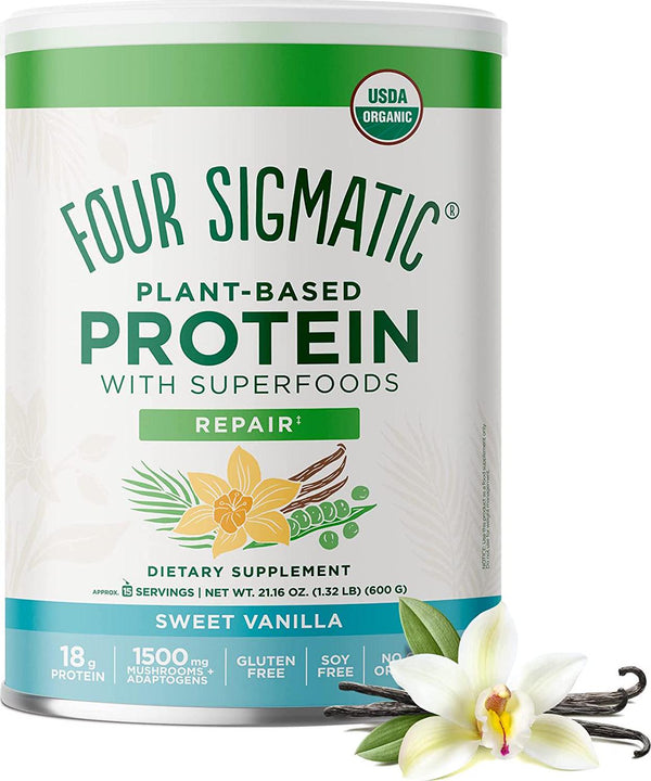 Organic Plant-Based Protein Powder by Four Sigmatic | Sweet Vanilla Protein with Lion s Mane, Chaga, Cordyceps, and More | Clean Vegan Protein Elevated for Brain Function and Immune Support | 21.16 oz
