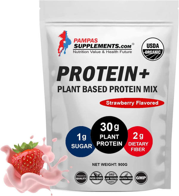 Organic Plant Based Protein Powder, Strawberry Flavor - 30g of Protein, Vegan, Low Net Carbs, Gluten Free, Lactose Free, Soy Free, Kosher, Non-GMO, 900 Gram