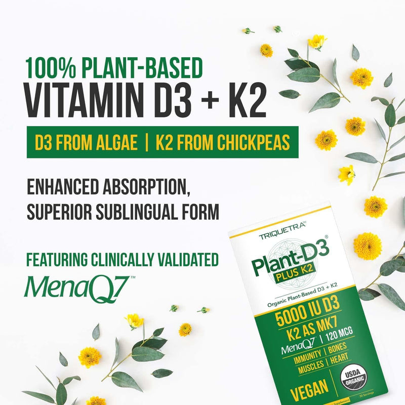 Organic Plant D3 + K2 (5000 iu D3) - All-Trans MK7 from MenaQ7 (120 mcg K2) - 100% Organic and Plant-Based Sublingual D3 Drops (Cholecalciferol), 100% Vegan - Supports Immunity, Bone, Mood and Brain
