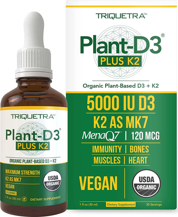 Organic Plant D3 + K2 (5000 iu D3) - All-Trans MK7 from MenaQ7 (120 mcg K2) - 100% Organic and Plant-Based Sublingual D3 Drops (Cholecalciferol), 100% Vegan - Supports Immunity, Bone, Mood and Brain