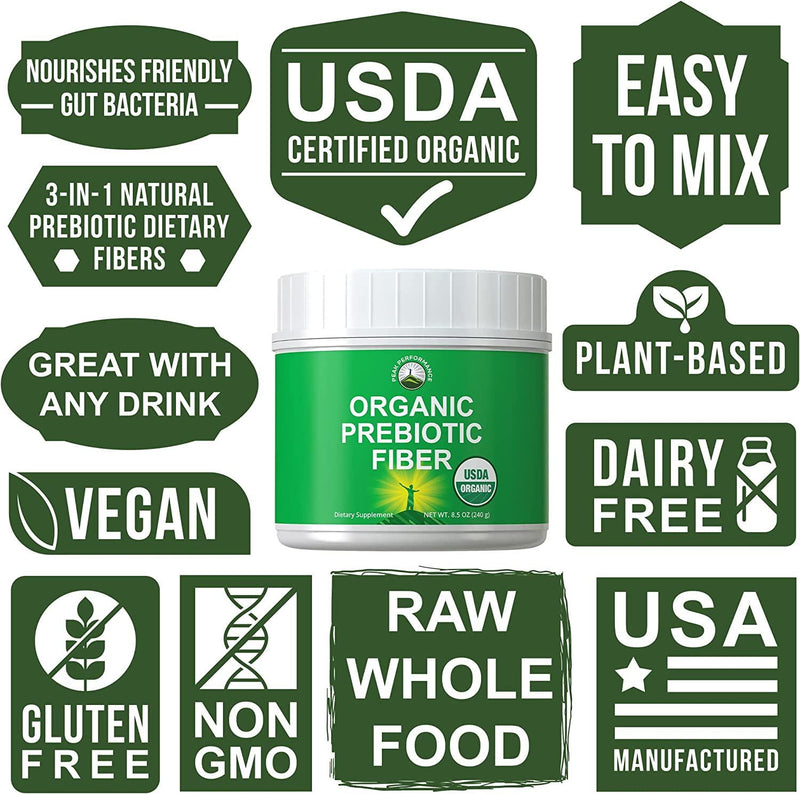 Organic Prebiotic Fiber 3-in-1 Vegan Powder for Gut Health. USDA Organic Raw Whole Food Plant Based Prebiotics Digestive Supplement with Organic Inulin (Jerusalem Artichoke), Acacia Fibers, SunFiber