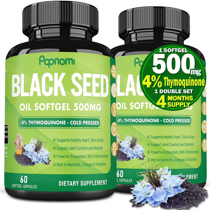 Organic Premium Black Seed Oil Capsules 500mg, 4% Thymoquinone, Vitamin E and Omega 3 6 9 | Supports Immune System, Joint and Skin Health | Vegan Cold-Pressed Nigella Sativa Softgel Pills, 4 Months Supply