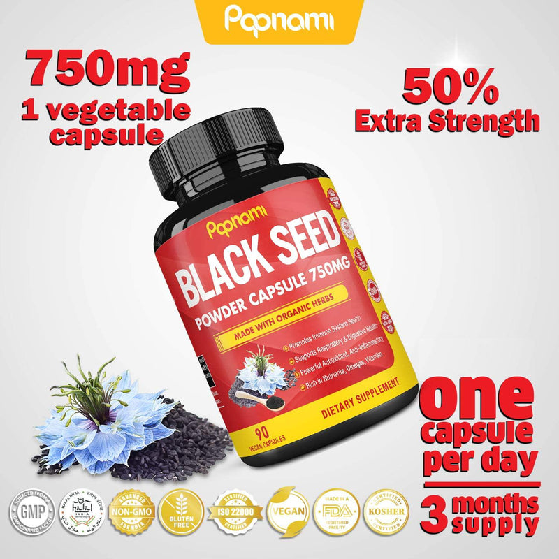 Organic Premium Black Seed Powder Capsules 750mg, Rich in Nutrients, Vitamin E and Omega 3 6 9 | Supports Immune System, Joint and Digestive | Vegan Gluten Free Nigella Sativa Supplement, 3 Months Supply