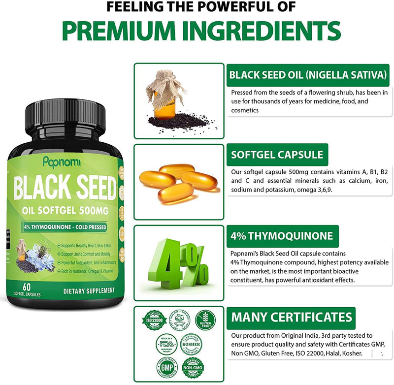 Organic Premium Black Seed Oil Capsules 500mg, 4% Thymoquinone, Vitamin E and Omega 3 6 9 | Supports Immune System, Joint and Skin Health | Vegan Cold-Pressed Nigella Sativa Softgel Pills, 4 Months Supply