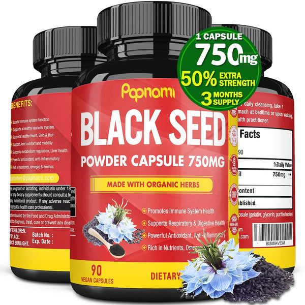 Organic Premium Black Seed Powder Capsules 750mg, Rich in Nutrients, Vitamin E and Omega 3 6 9 | Supports Immune System, Joint and Digestive | Vegan Gluten Free Nigella Sativa Supplement, 3 Months Supply