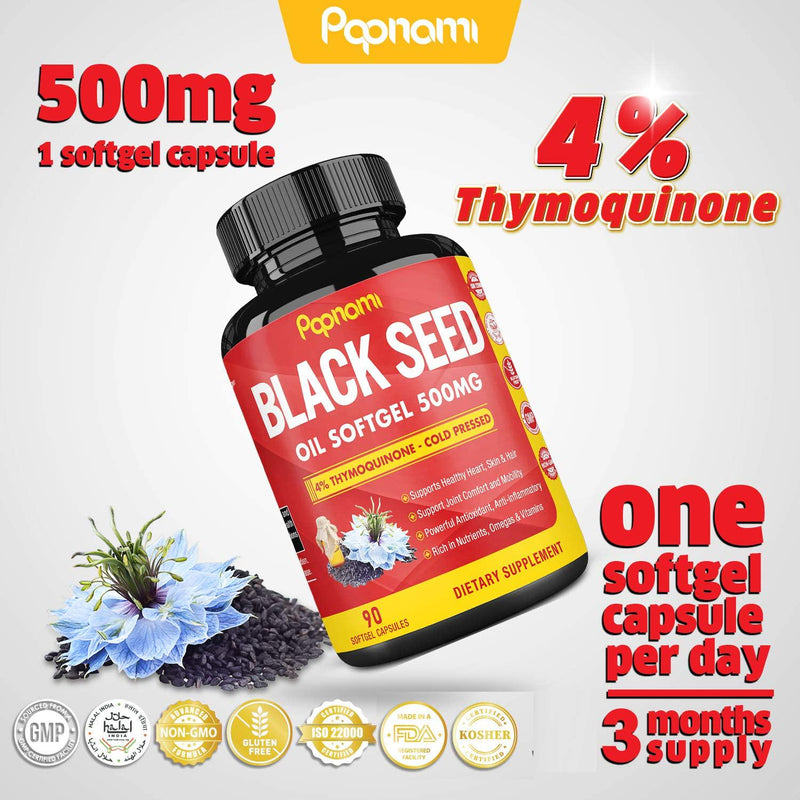 Organic Premium Black Seed Oil Capsules 500mg, 3 Months Supply | Supports Immune, Joint and Skin, Hair Health | 4% Thymoquinone, Vitamin E, Omega 3 6 9 | Cold Pressed Nigella Sativa Cumin Softgel Pills