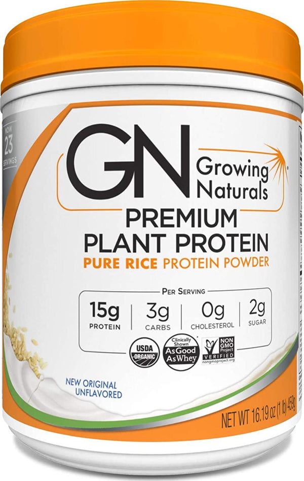Organic Premium Plant Based Protein, Original Pure Rice Protein Powder - Growing Naturals - Non-GMO, Vegan, Gluten-Free, Keto Friendly, Shelf-Stable (Original Unflavored, 1 Pound (Pack of 1))