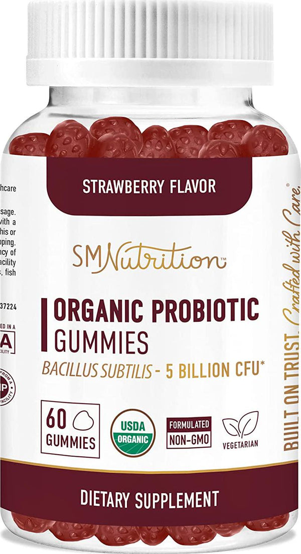 Organic Probiotic Gummies for Adults and Kids (60 Count) - 5 Billion CFU Bacillus Subtilis Probiotics Gummies for Immune Support and Digestion; Strawberry Probiotics Chewable Gummies