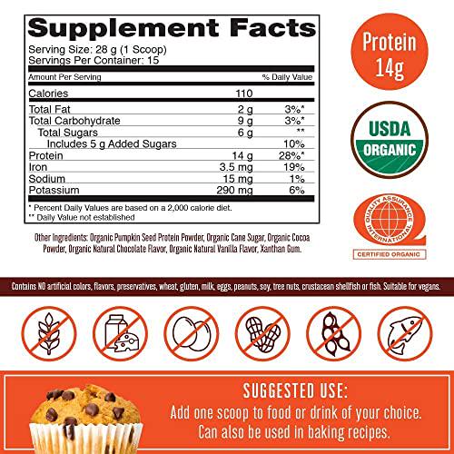 Organic Protein Powder Plant-Based (Creamy Chocolate Fudge) by MaryRuth's Vegan, Gluten Free, Non-GMO, Soy Free, Dairy Free, Nut Free, No Fillers, No Additives, Paleo Friendly 14.8 oz for Men and Women