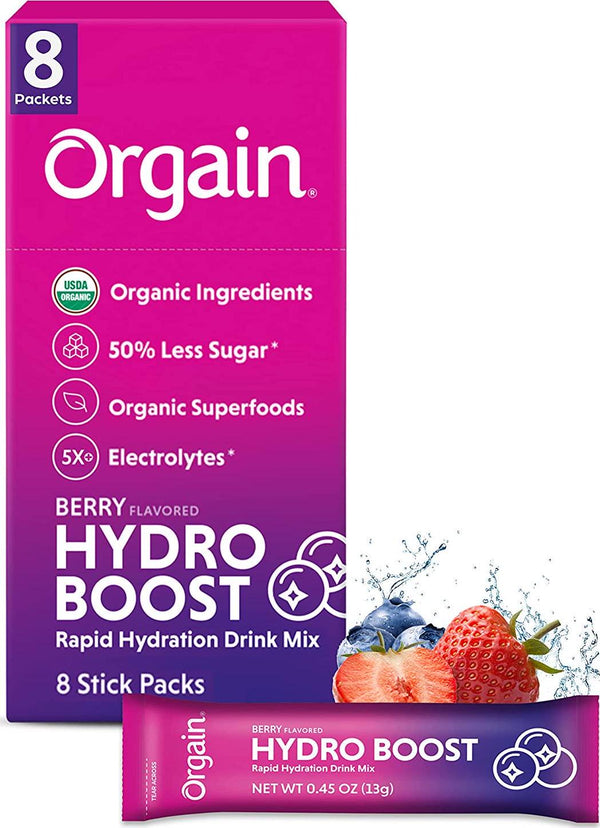 Organic Rapid Hydration Packets by Orgain, Berry Hydro Boost - Packed with Electrolytes and Superfoods, Less Sugar, Gluten Free, Vegan, No Soy Ingredients or Artificial Flavors, Non-GMO (Pack of 8)