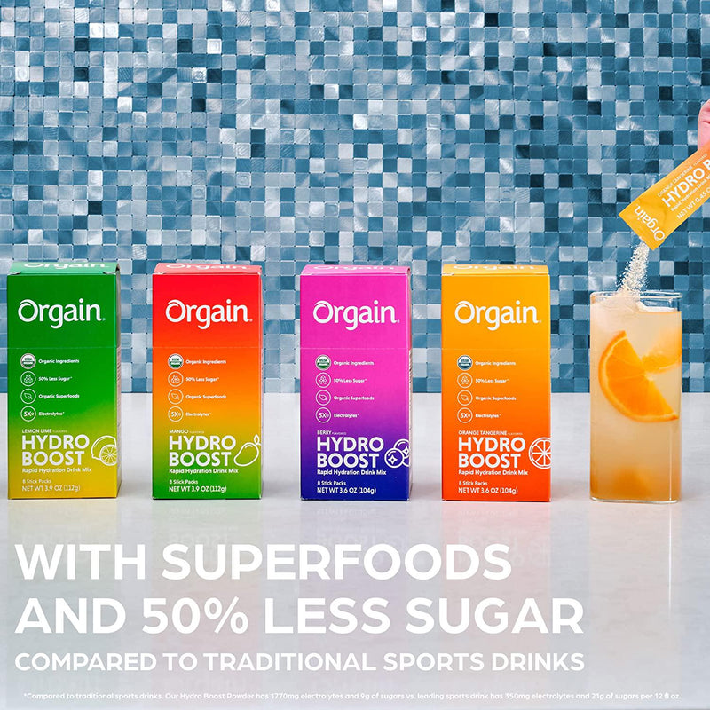 Organic Rapid Hydration Packets by Orgain, Berry Hydro Boost - Packed with Electrolytes and Superfoods, Less Sugar, Gluten Free, Vegan, No Soy Ingredients or Artificial Flavors, Non-GMO (Pack of 8)
