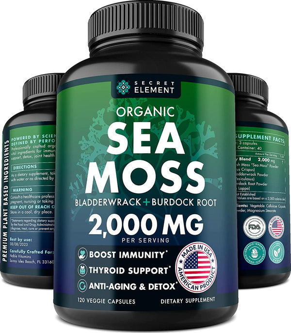 Organic Sea Moss Capsules - Burdock Root, Irish Moss and Bladderwrack Capsules - Immune System, Gut Cleanse and Thyroid Supplement - 120 Irish SeaMoss Pills with All-Natural Sea Moss Powder