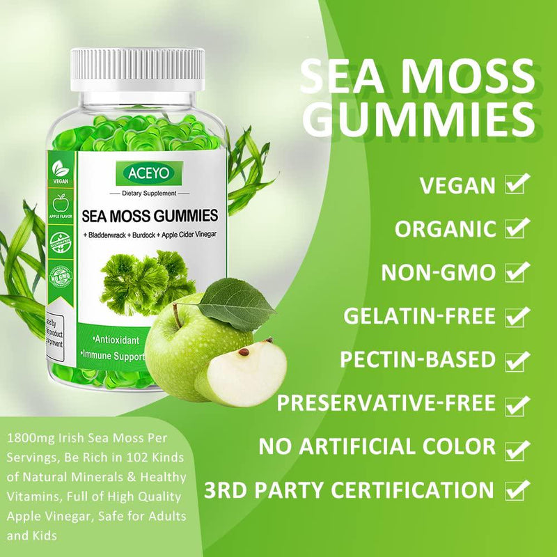Organic Sea Moss Gummies,Contains Irish Sea Moss + Burdock Root + Bladderwrack Supplement,60 Seamoss Gummies for Thyroid Support and Immune Booster,Great for Kids and Adults - Made in USA(1pc)