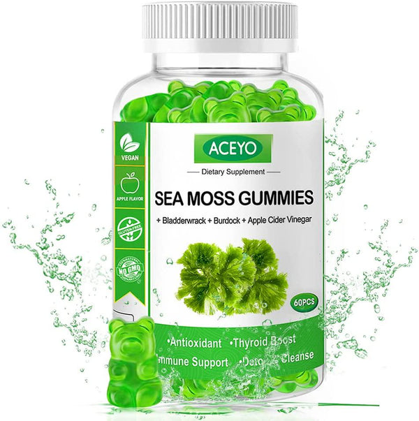 Organic Sea Moss Gummies,Contains Irish Sea Moss + Burdock Root + Bladderwrack Supplement,60 Seamoss Gummies for Thyroid Support and Immune Booster,Great for Kids and Adults - Made in USA(1pc)