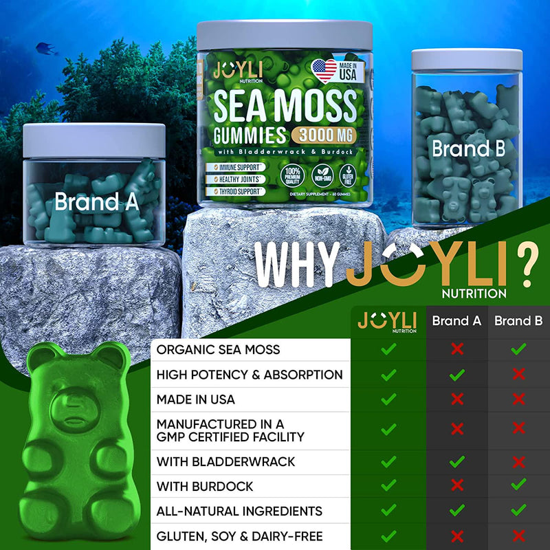 Organic Sea Moss Gummies for Adults and Kids - USA Made Irish Sea Moss Supplement - Raw Seamoss, Bladderwrack and Burdock for Immunity, Thyroid and Joints Support - 60 Non-GMO Seamoss Gummies Vegan