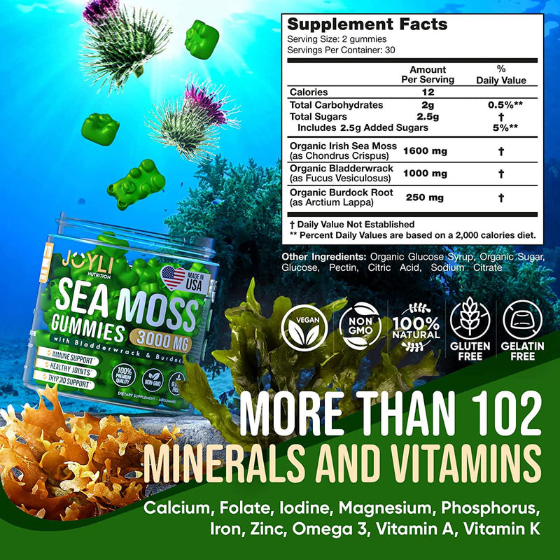 Organic Sea Moss Gummies for Adults and Kids - USA Made Irish Sea Moss Supplement - Raw Seamoss, Bladderwrack and Burdock for Immunity, Thyroid and Joints Support - 60 Non-GMO Seamoss Gummies Vegan