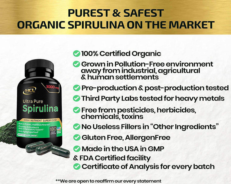 Organic Spirulina Powder Capsules 3000 mg - Purest Non-Irradiated Blue Green Algae - Best Raw Vegan Protein - Green Superfood - Natural Multivitamins – 180 Pills Made in The USA