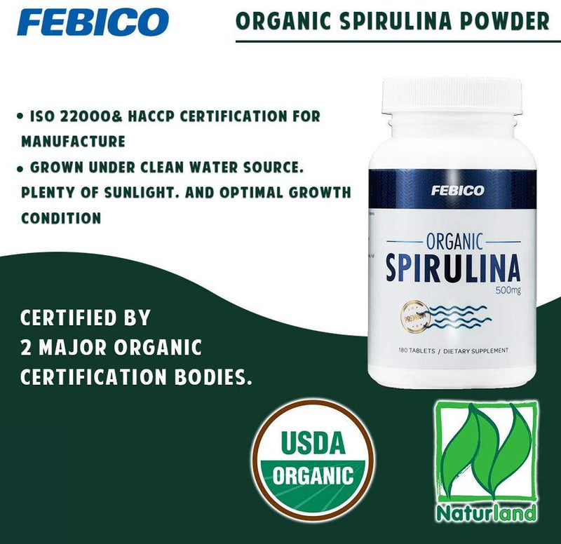 Organic Spirulina Tablets- Vegan,100% Pure, Enriched Vitamin B12 Complex, Non-GMO, Gluten Free and Non-Irradiated, USDA, Naturland, Halal Certified, 500mg, 180 Counts