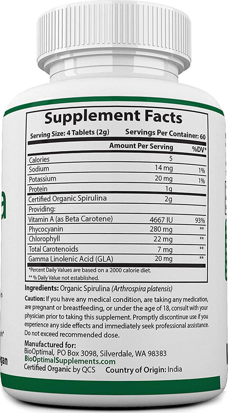 Organic Spirulina Tablets, 100% USDA Organic, Premium Quality 4 Organic Certifications, Non-GMO, No Additives Capsules or Fillers, 240 Count 2 Month Supply