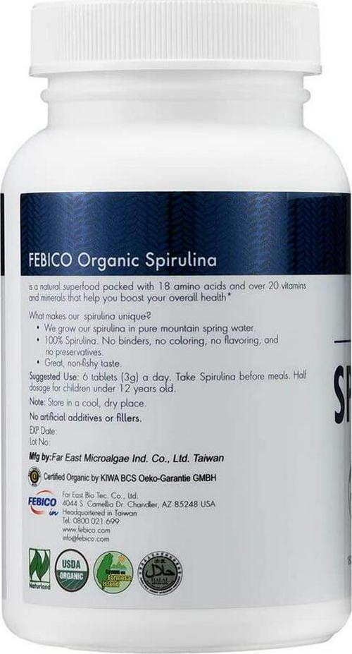 Organic Spirulina Tablets- Vegan,100% Pure, Enriched Vitamin B12 Complex, Non-GMO, Gluten Free and Non-Irradiated, USDA, Naturland, Halal Certified, 500mg, 180 Counts