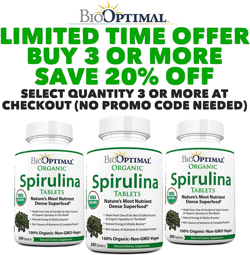 Organic Spirulina Tablets, 100% USDA Organic, Premium Quality 4 Organic Certifications, Non-GMO, No Additives Capsules or Fillers, 240 Count 2 Month Supply