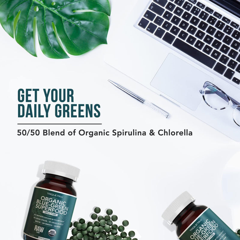 Organic Spirulina and Chlorella Tablets - 4 Organic Certifications, Raw, Non-Irradiated - 50/50 Blue Green Algae Blend - Antioxidant Content Equal to 5 Servings of Vegetables (120 Tablets)