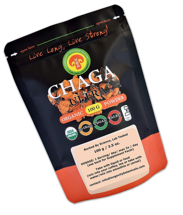 Organic Super Chaga Mushroom Powder Extract: 100 g 100% Wildcrafted Fruiting Body. Small Batch, Produced Fresh. Potent Feel The Difference!