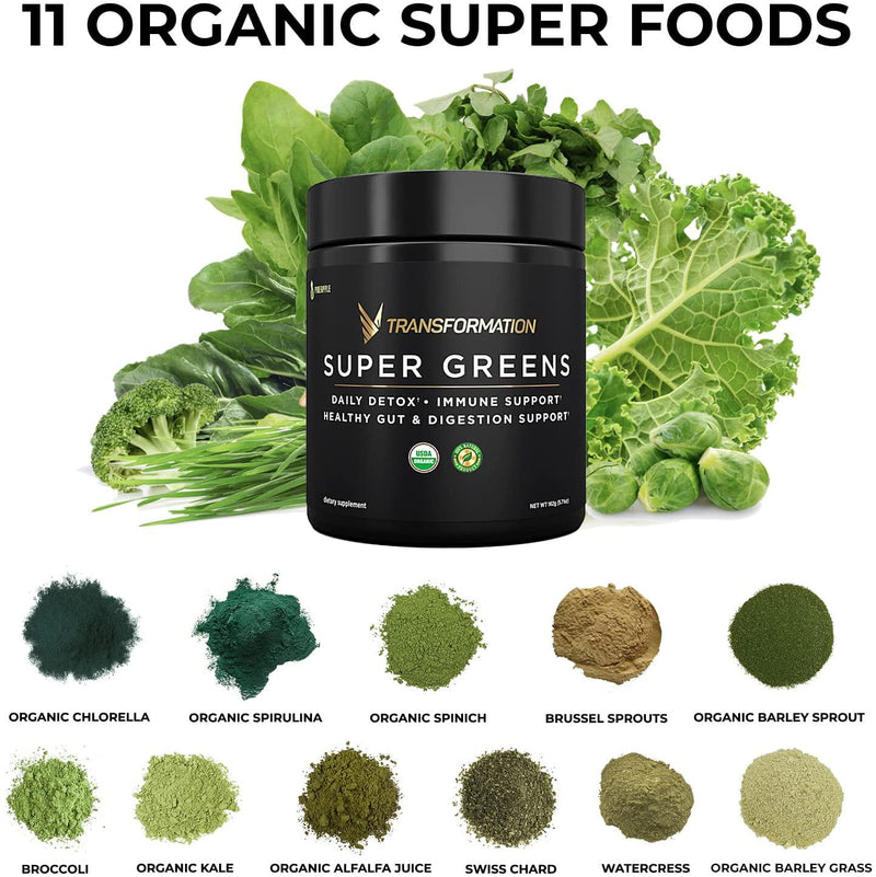Organic Super Greens Superfood Powder - Immune and Energy Support | Made with Natural Ingredients | Detoxifying and Alkalizing Minerals - Spirulina, Chlorella, Wheatgrass, Spinach, Alfalfa and More (1)