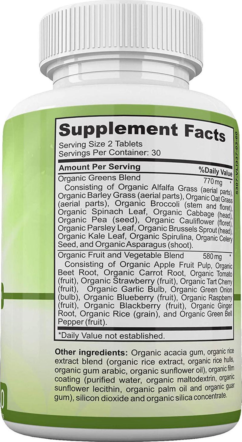 Organic Superfood Greens Fruits and Veggies Complex- Best Dietary Supplement with 14 Greens and 14 Fruits and Vegetables- Rich in Antioxidants- All-Natural Organic Ingredients- Non-GMO 60 Tablets