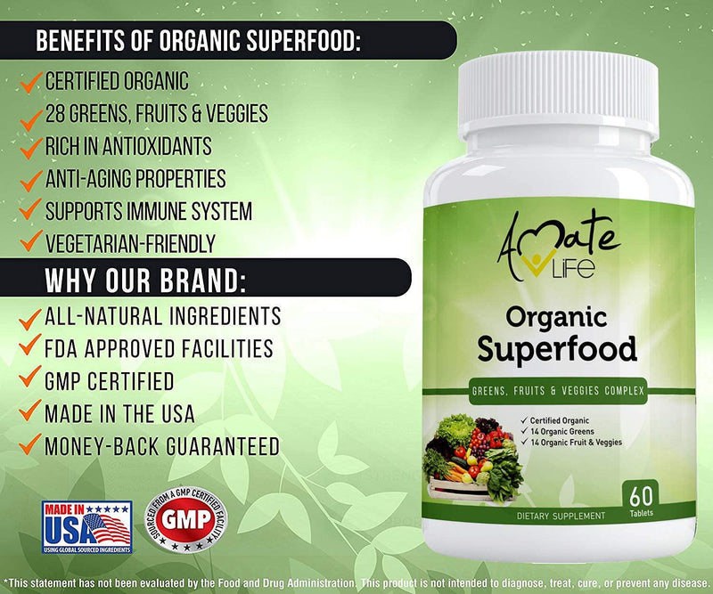 Organic Superfood Greens Fruits and Veggies Complex- Best Dietary Supplement with 14 Greens and 14 Fruits and Vegetables- Rich in Antioxidants- All-Natural Organic Ingredients- Non-GMO 60 Tablets