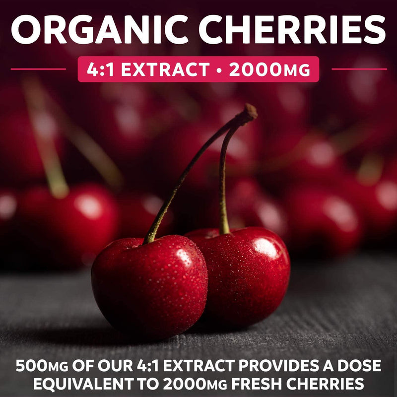 Organic Tart Cherry Capsules - 4:1 Extract Equals 2000mg of Fresh Tart Cherries (Vegan) Natural Uric Acid Support, Sleep Aid, Joint Support Supplement - 60 Capsules of 500mg (No Pills or Juice)
