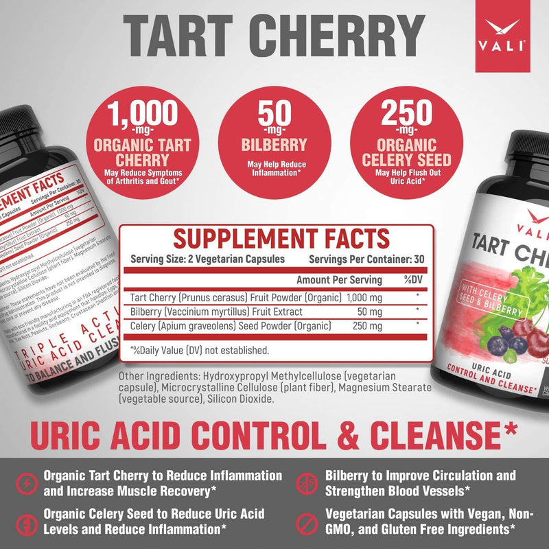 Organic Tart Cherry Extract Capsules Uric Acid Cleanse with Organic Celery Seed and Bilberry for Joint Support and Comfort, Muscle Recovery, Sleep, Pain Relief, Inflammation. Polyphenols Supplement Pills