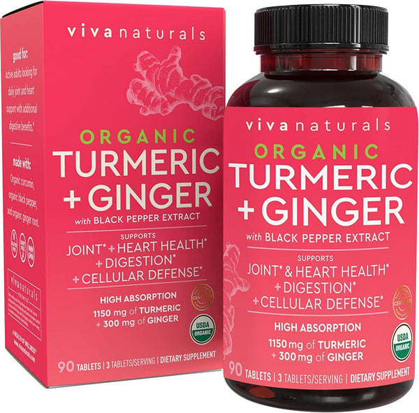 Organic Turmeric Curcumin Supplement + Ginger Extract and Black Pepper for Better Absorption, High Potency Tumeric Ginger Tablets for Joint Support, Digestive Health With Powerful Antioxidant Protection