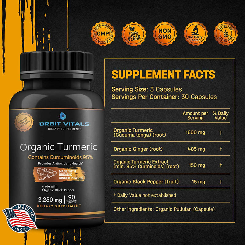 Organic Turmeric Curcumin with Ginger and Black Pepper - 2250mg Highest Potency and Bioavailability with 95% Standardized Curcuminoids - Premium Joint and Immune Support Non-GMO Gluten Free Vegan Capsules