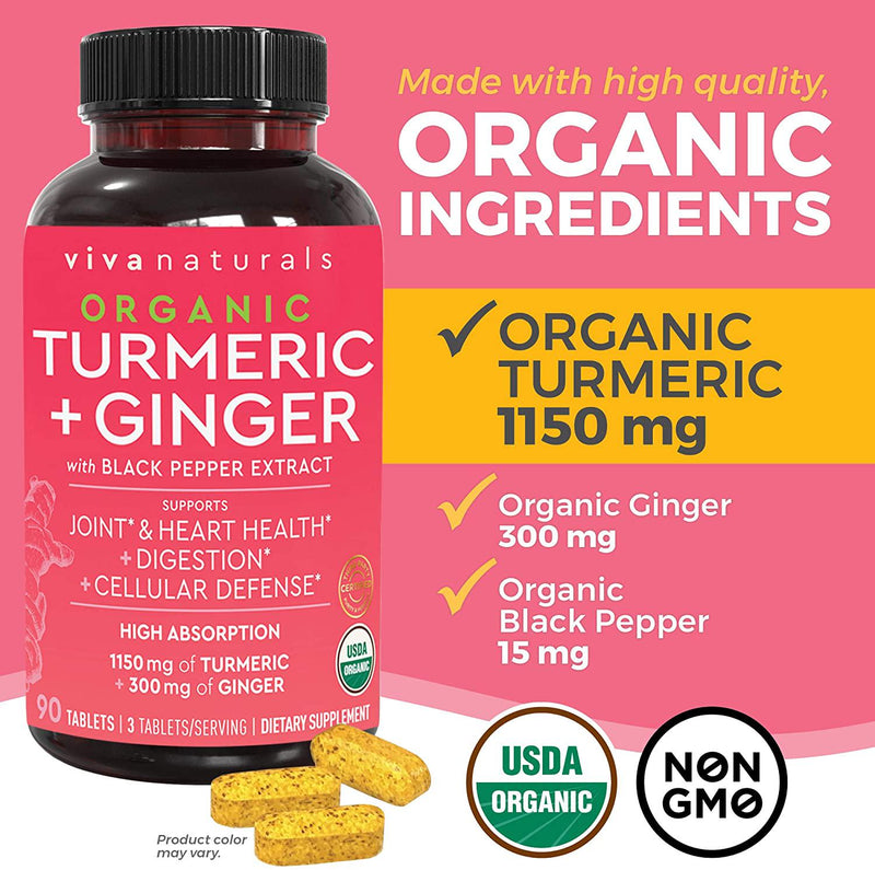 Organic Turmeric Curcumin Supplement + Ginger Extract and Black Pepper for Better Absorption, High Potency Tumeric Ginger Tablets for Joint Support, Digestive Health With Powerful Antioxidant Protection