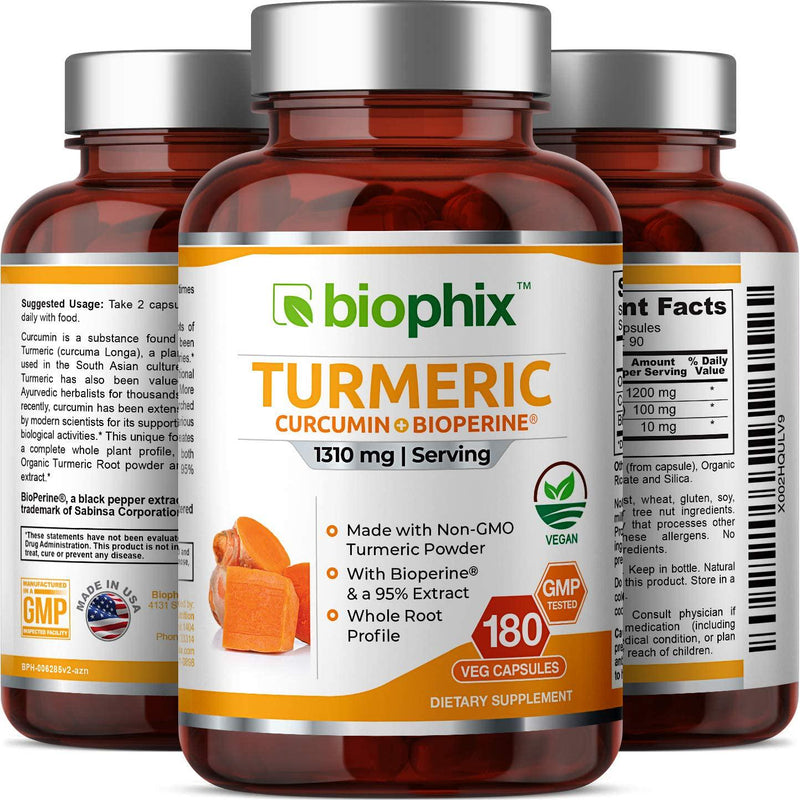 Organic Turmeric Curcumin 1310 mg 180 Vcaps with BioPerine - Powerful Anti-Inflammatory | Joint Health | Antioxidant Support | Immune Boost