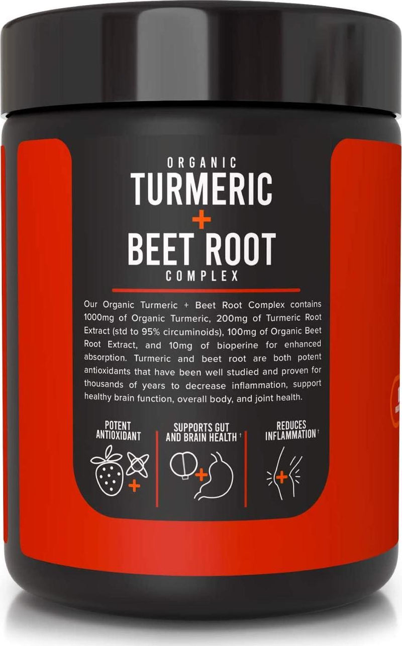 Organic Turmeric and Beet Root Complex - Bioperine (Black Pepper Extract for Maximum Absorption), Reduce Inflammation, Improve Gut Health and Joint Pain, Potent Antioxidant - 60 Veggie Capsules