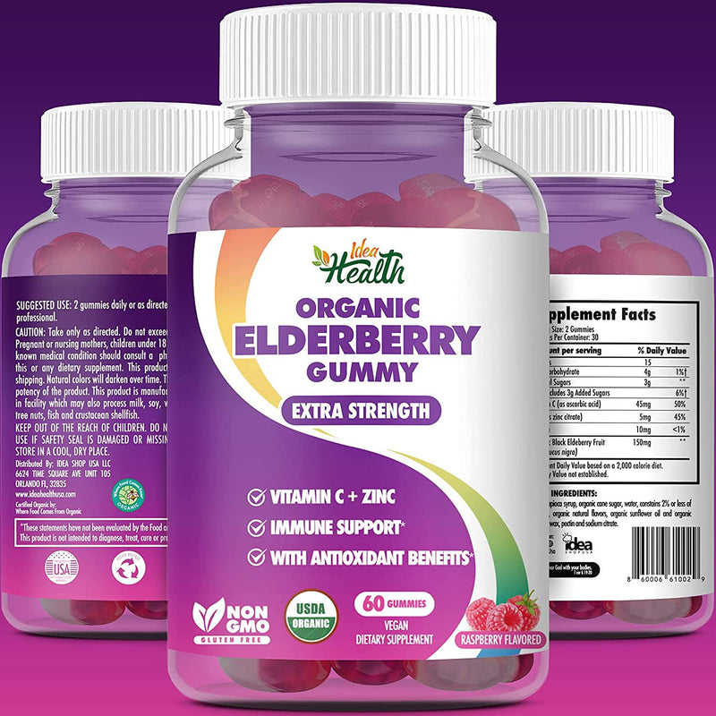 Organic USDA Certified Elderberry Gummy - Extra Strength Formula - Non-GMO and Gluten Free - Sambucus Elderberry Gummies, Immune Support Supplement | 180 Gummies 3 Pack