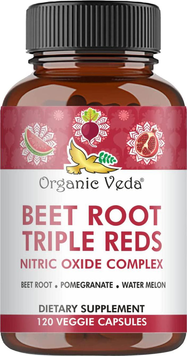 Organic Veda Beet Root Triple Reds Complex 2600mg, Nitric Oxide Extracts Supplement from Pomegranate, Watermelon, Organic Beetroot to Support Blood Pressure, Circulation, Energy, 120 Veggie Capsules