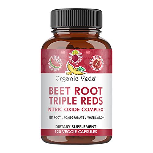 Organic Veda Beet Root Triple Reds Complex 2000mg, Nitric Oxide Extracts Supplement from Pomegranate, Watermelon, Organic Beetroot to Support Blood Pressure, Circulation, Energy, 120 Veggie Capsules