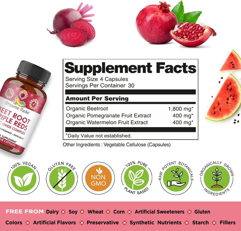 Organic Veda Beet Root Triple Reds Complex 2600mg, Nitric Oxide Extracts Supplement from Pomegranate, Watermelon, Organic Beetroot to Support Blood Pressure, Circulation, Energy, 120 Veggie Capsules