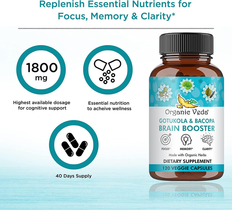 Organic Veda Gotukola Bacopa Capsules, Brain Support Supplement for Focus, Cognitive, Clarity and Energy, 120 Veggie Capsules