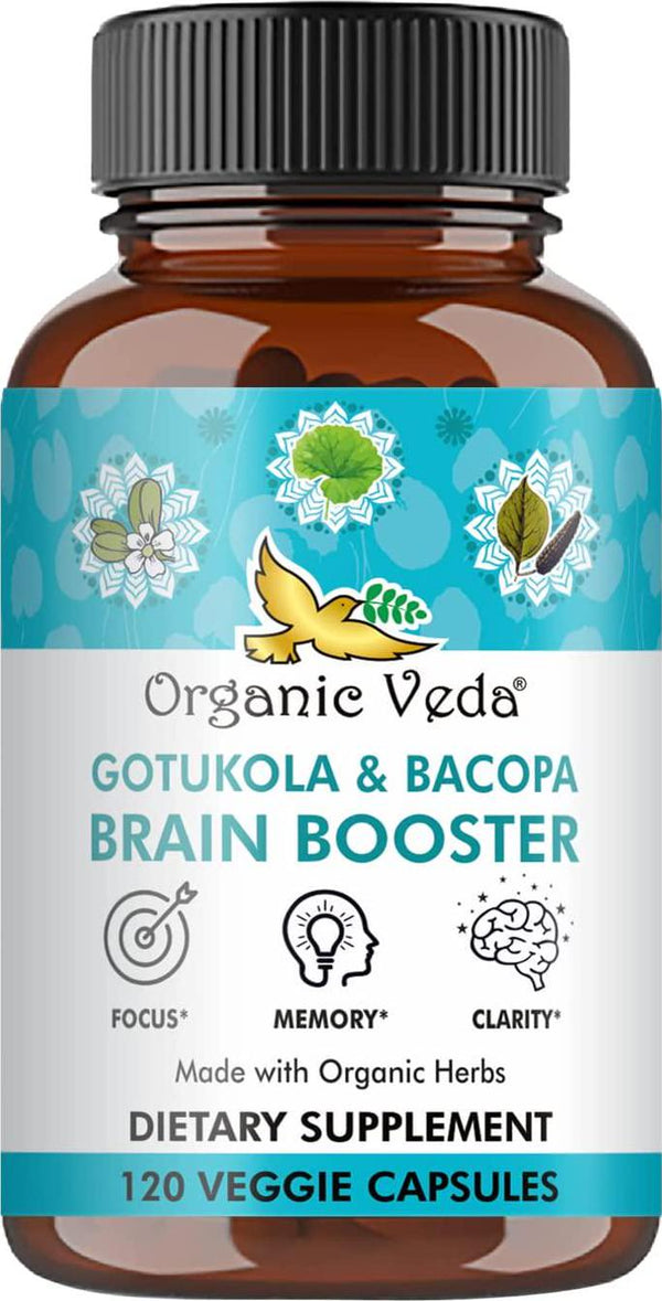 Organic Veda Gotukola Bacopa Capsules, Brain Support Supplement for Focus, Cognitive, Clarity and Energy, 120 Veggie Capsules