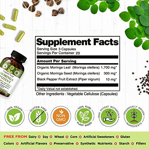 Organic Veda Moringa Potent Capsules Highest Potency Moringa Formula - Nutrient Dense Moringa Capsules Made from Moringa Leaf and Moringa Seed with Black Pepper Extract 60 Veggie, 2000mg