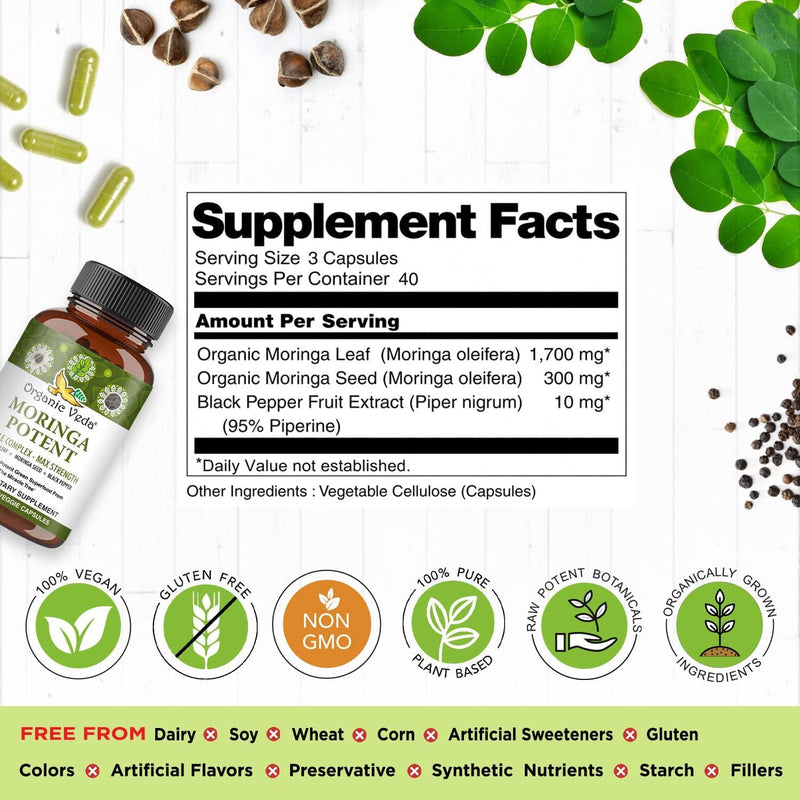 Organic Veda Moringa Potent Capsules – Highest Potency Moringa Formula - Nutrient Dense Moringa Capsules Made from Moringa Leaf and Moringa Seed with Black Pepper Extract – 120 Veggie, 2000mg