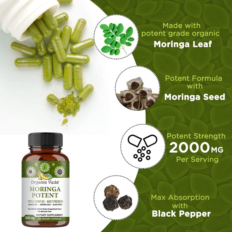 Organic Veda Moringa Potent Capsules – Highest Potency Moringa Formula - Nutrient Dense Moringa Capsules Made from Moringa Leaf and Moringa Seed with Black Pepper Extract – 120 Veggie, 2000mg