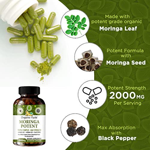 Organic Veda Moringa Potent Capsules Highest Potency Moringa Formula - Nutrient Dense Moringa Capsules Made from Moringa Leaf and Moringa Seed with Black Pepper Extract 60 Veggie, 2000mg